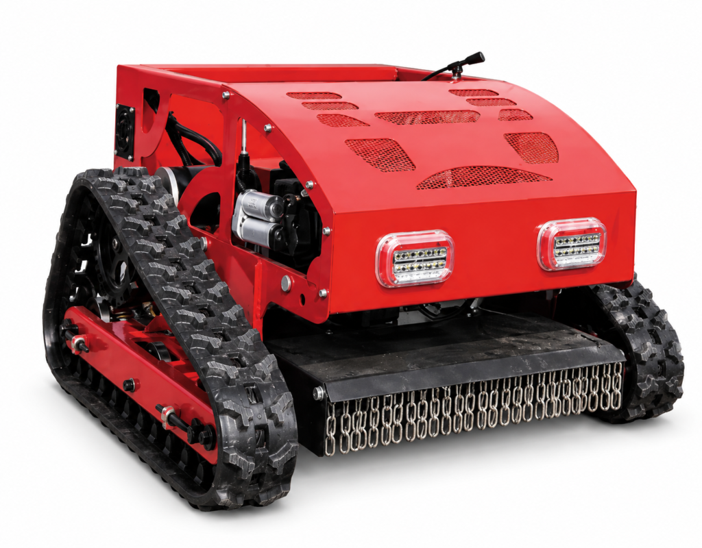 Red SDL224-55A remote-controlled tracked mower on a white background
